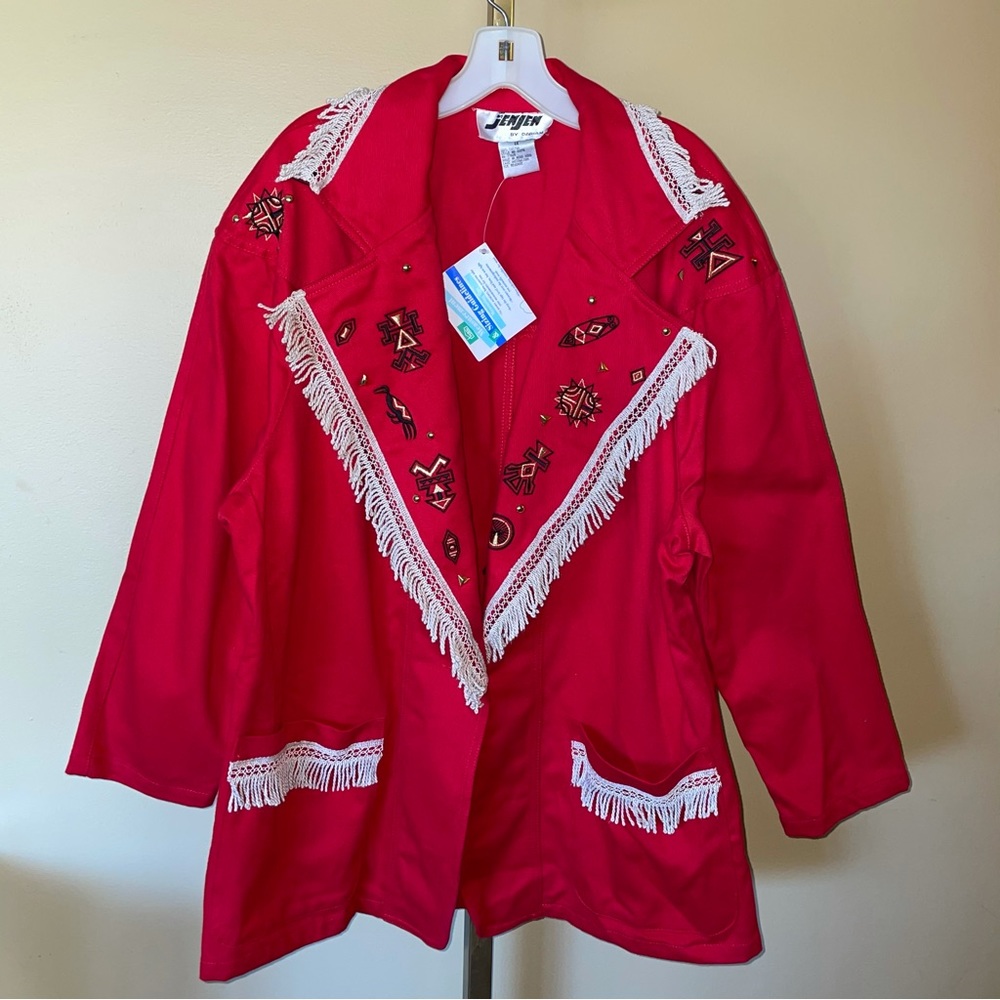 Vintage Red Gold Black South Western Fringe Embroidered Denim Blazer Jacket NWT